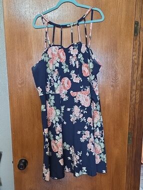 SHEIN Navy Floral Strappy Mini Dress with Peach and Green Blooms